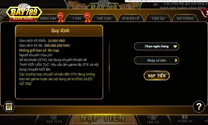 Có nhiều phương thức nạp tiền khác nhau tại Bay789 để người chơi lựa chọn